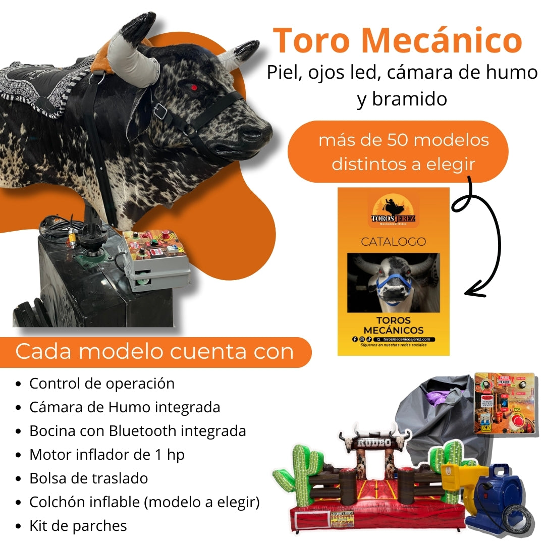 Toro Mecánico Piel, Ojos Led, Cámara de Humo y Bramido