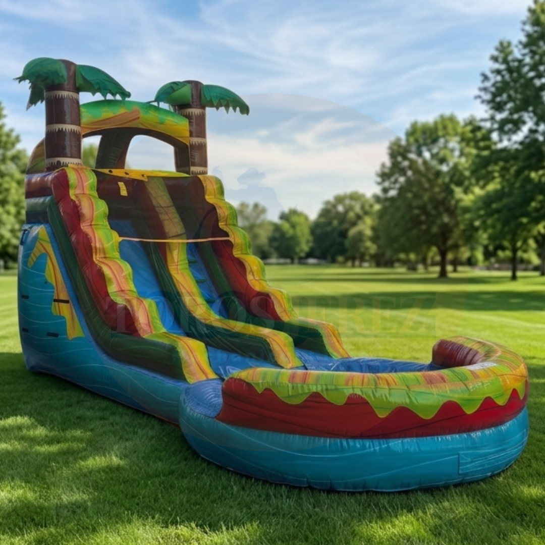 Water Slide Comercial Palmeras Doble Línea 23x11x16 ft | Inflable con Alberca | Toros Jerez