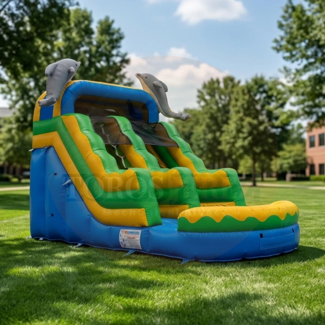 Water Slide Comercial Delfines Doble Línea con Alberca | Inflable 23x11x16 ft | Toros Jerez