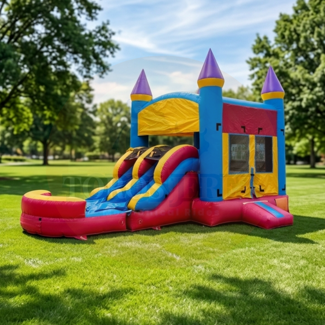 Combo Inflable 3 en 1 Castillo con 2 Resbaladillas 20x13x10 ft | Seco y Mojado | Toros Jerez